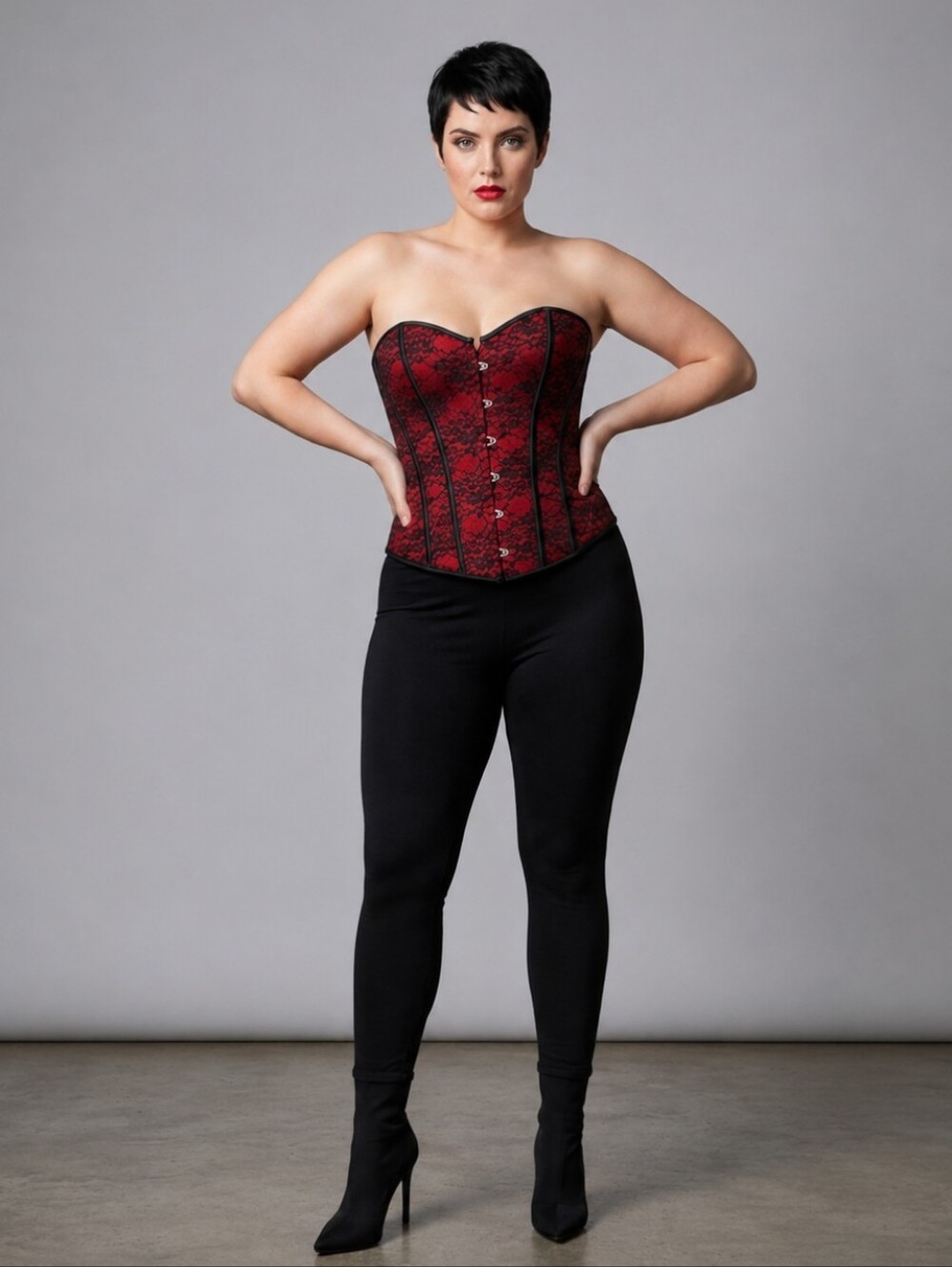 Red Black Lace Boned Corset Top Lace-Up Back XL